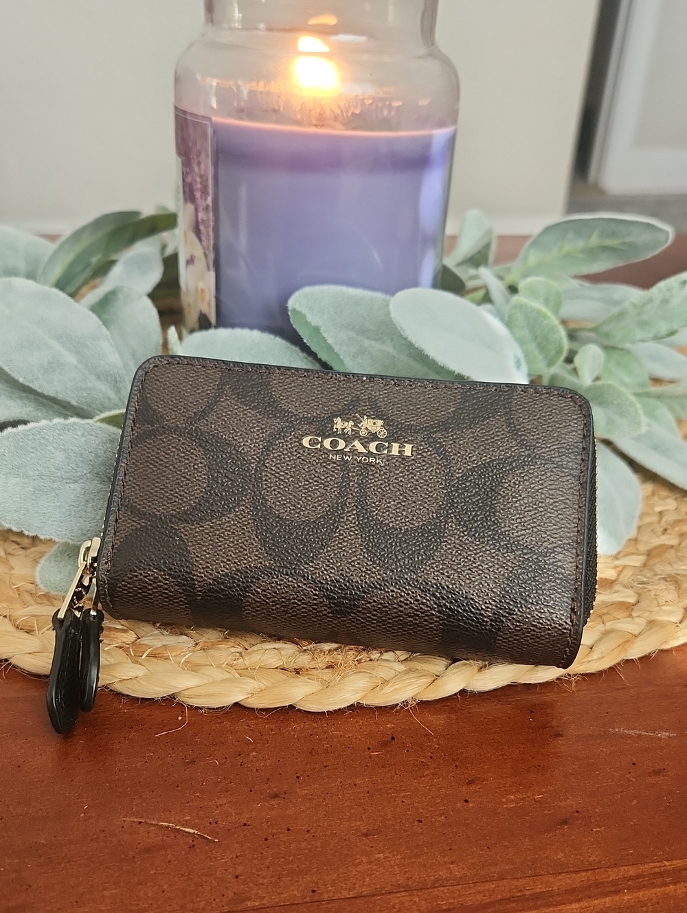 COACH Brown Signature Zip Card Case with Gold Logo